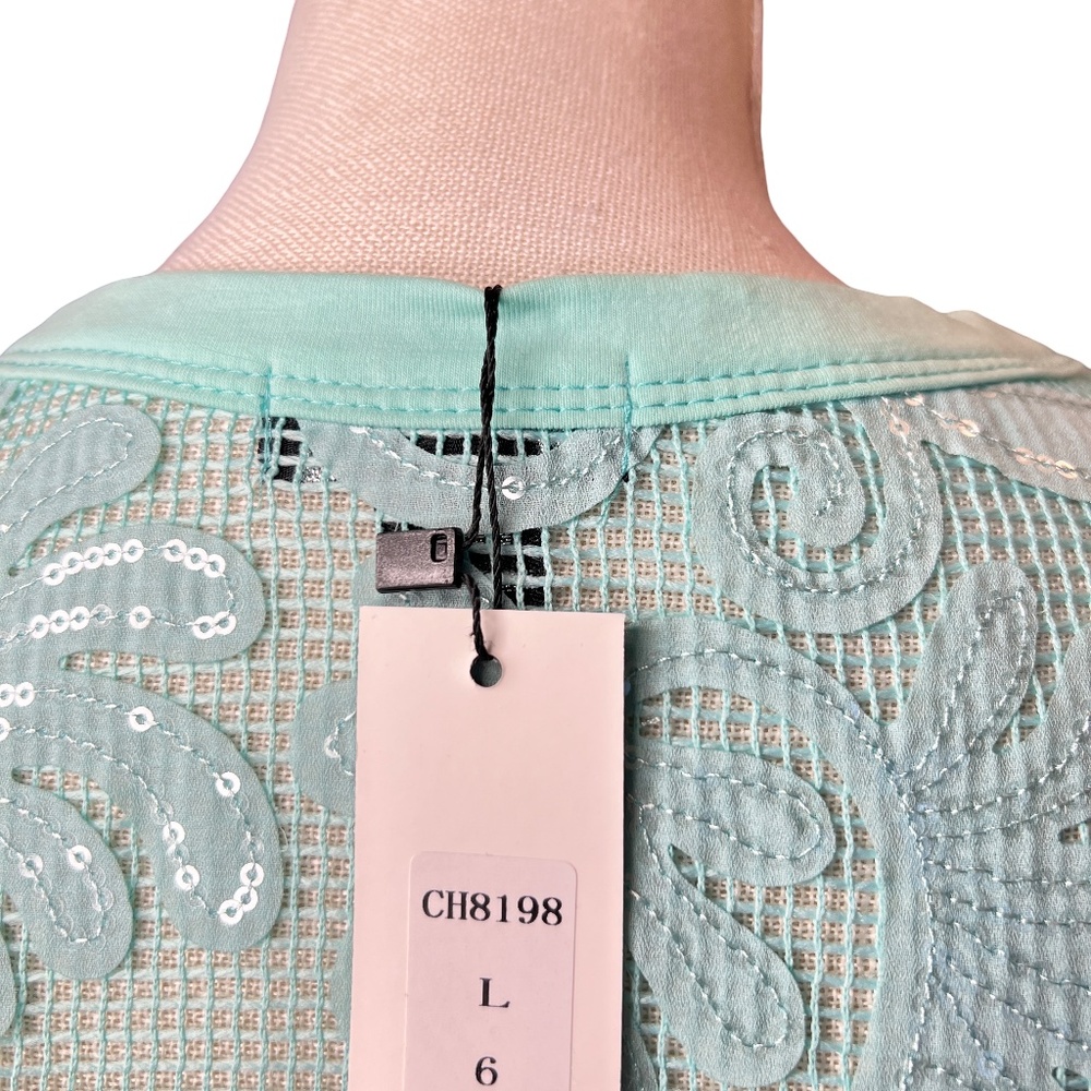 # A115 FT INC Green Boho Glam Lace Peplum VintageTop Asymmetrical NWT L - Picture 6 of 12